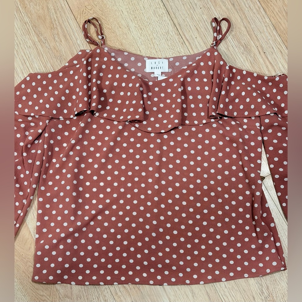 Lost Rust Polka Dot Off-Shoulder Ruffle Crop Top